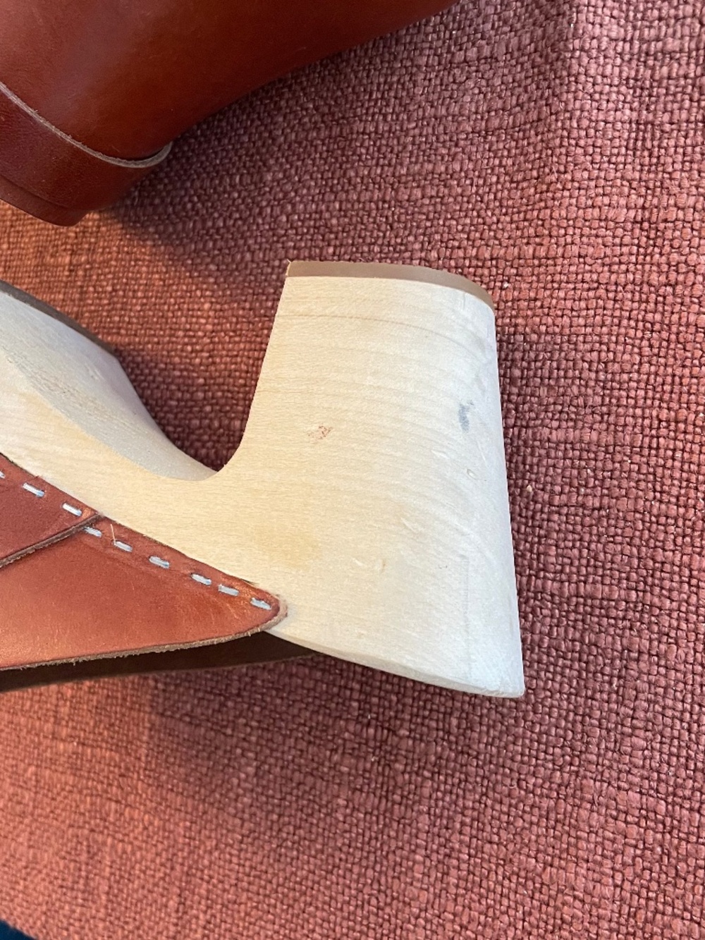 Swedish Hasbeens Brown Leather Clogs with Natural Wood Heels - Picture 3 of 7